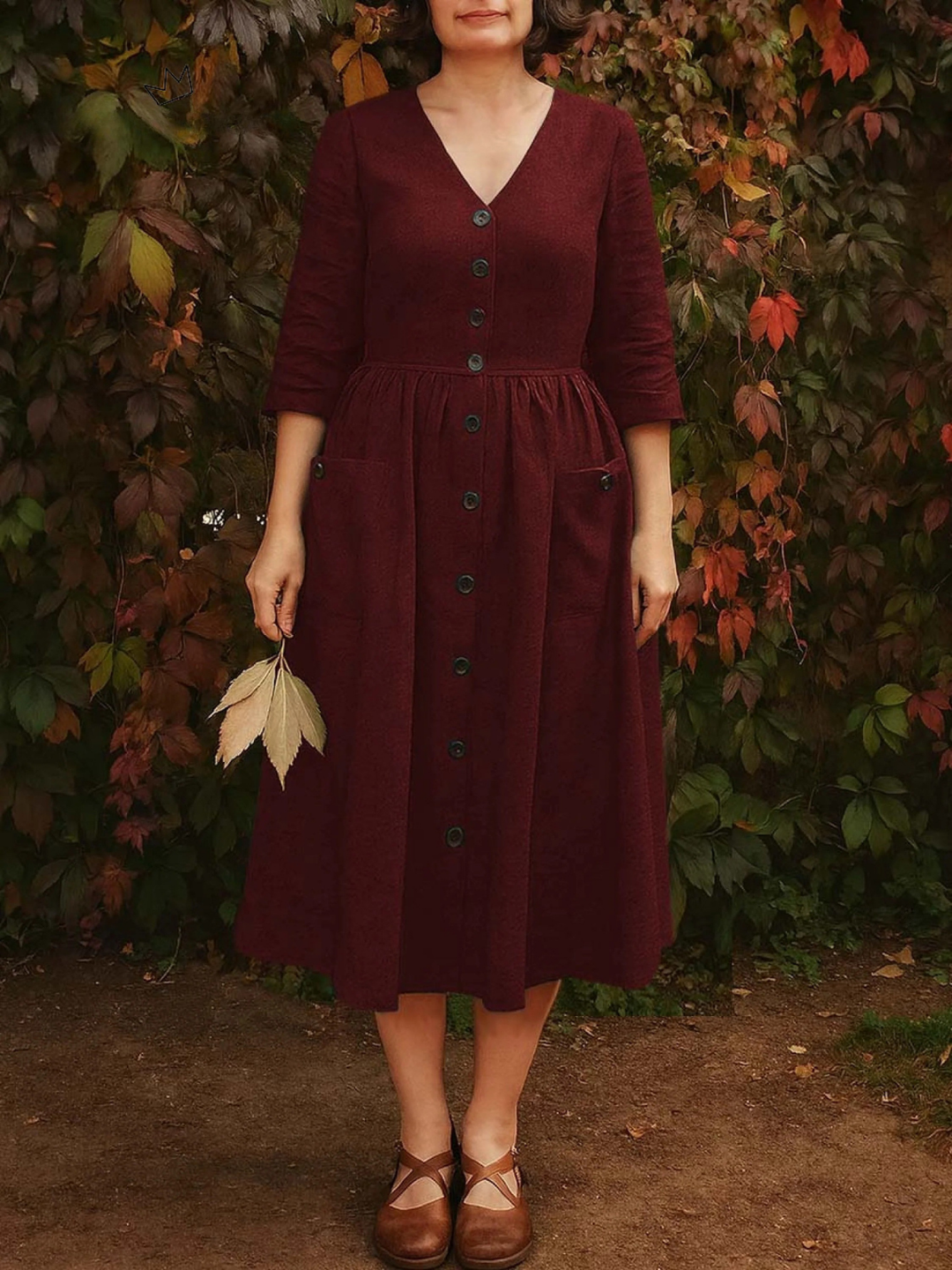 Women's Solid Color V-Neck 3/4 Sleeve Casual Loose Cotton and Linen Dress