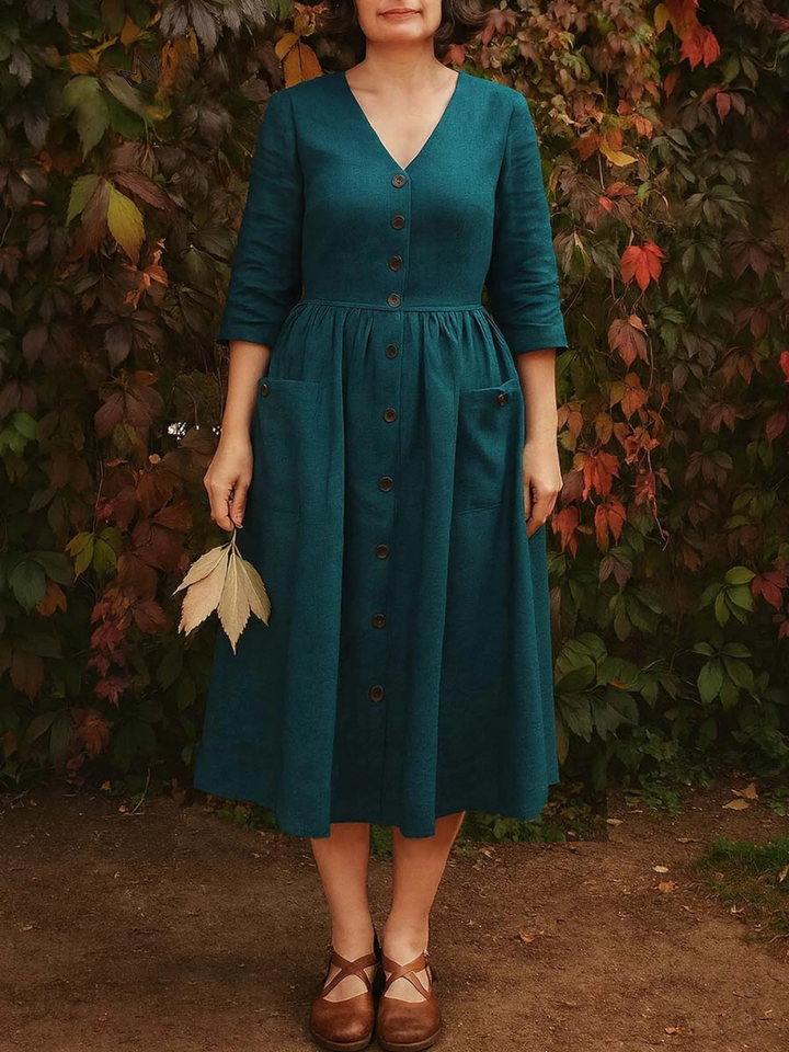 Women's Solid Color V-Neck 3/4 Sleeve Casual Loose Cotton and Linen Dress