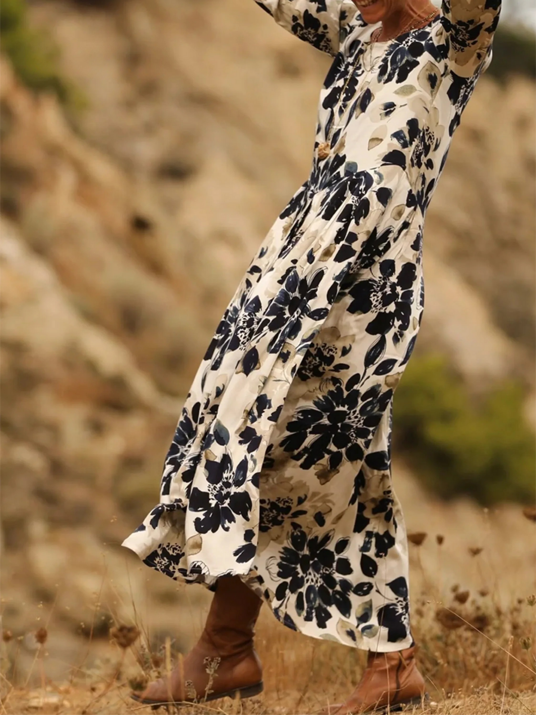 Elena Comfortable Pleated Cotton and Linen Dress